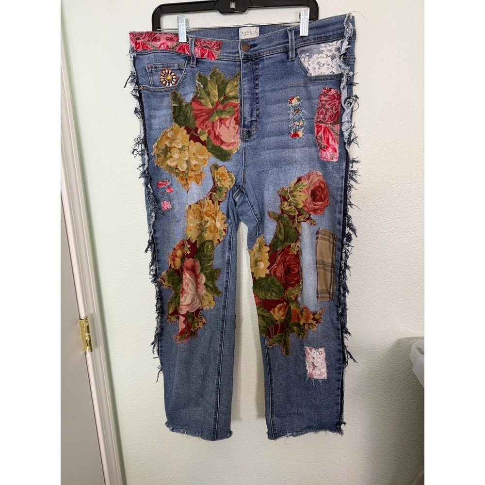 Angels Forever Young Custom Boho Floral Patchwork Jeans Upcycle Distressed - Picture 9 of 10